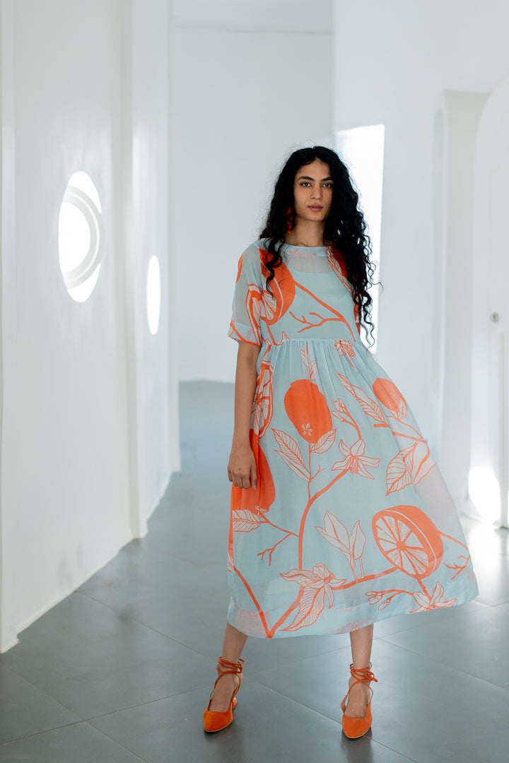 Mandarin Print Chanderi Dress