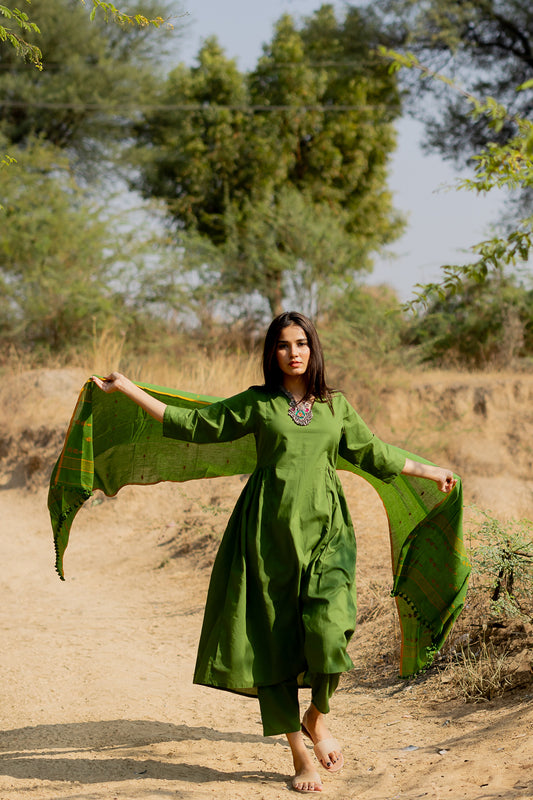 Forest Green Gathered Kurta Set with Jaamdani Dupatta