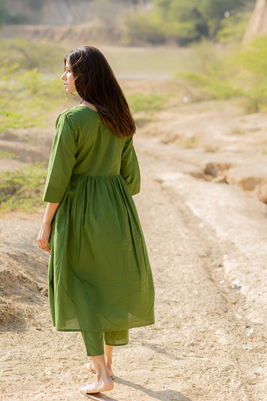 Forest Green Gathered Kurta Set