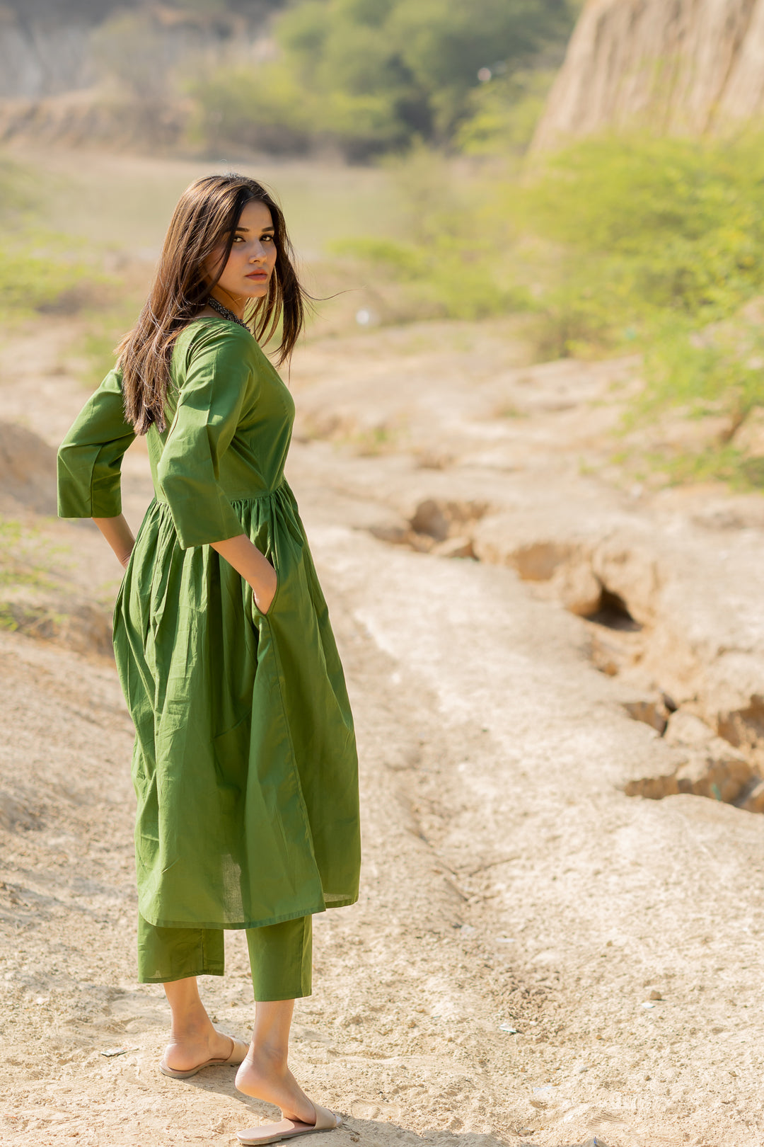 Forest Green Gathered Kurta Set with Jaamdani Dupatta