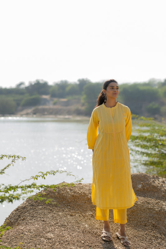 Butter Yellow Pintucks Kurta Set