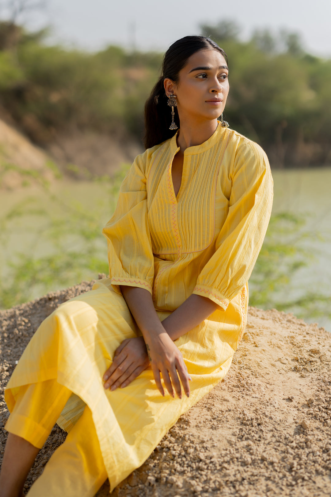 Butter Yellow Pintucks Kurta Set with Peach Jaamdani Dupatta
