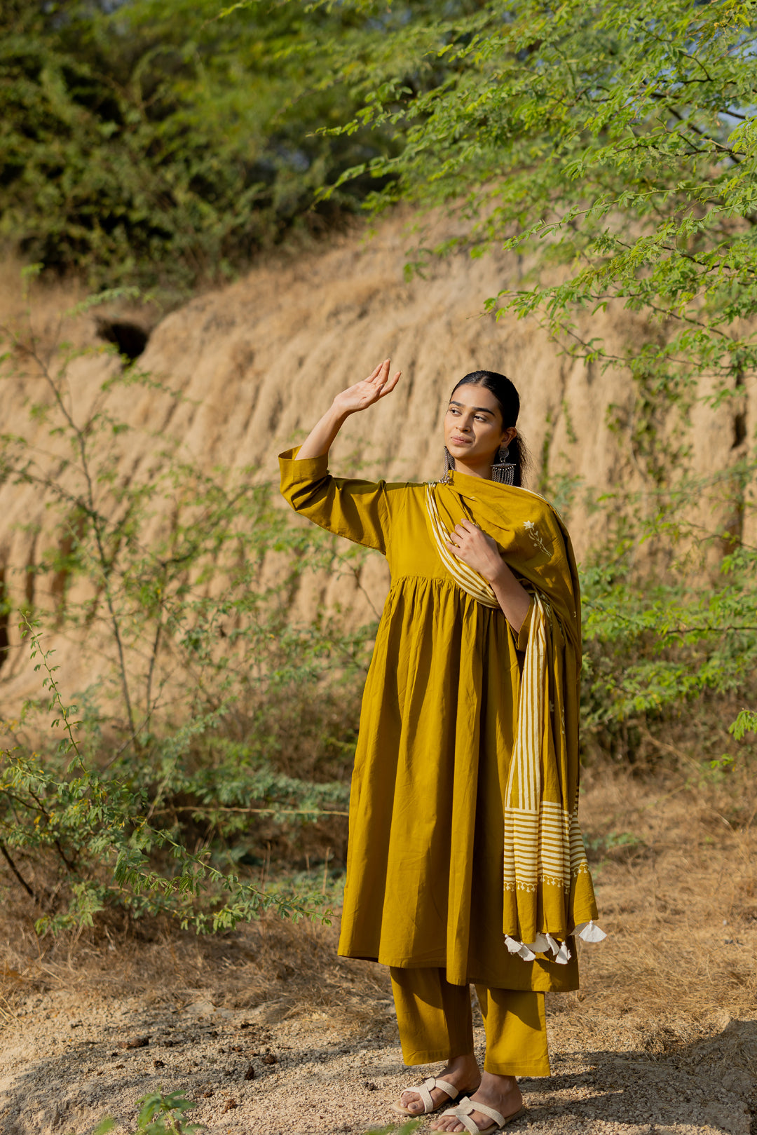 Henna Green Gathered Kurta Set with Block Printed Dupatta