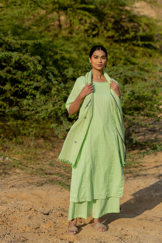 Pastel Green Kurta Set with Jaamdani Stole