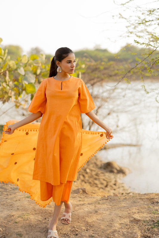 Carrot Orange Kurta and Culottes Set with Jaamdani Scarf