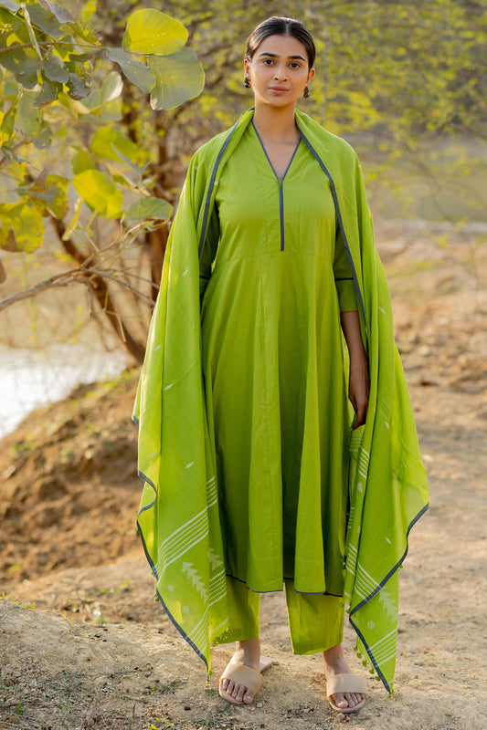 Green Pear Kalidaar Set with Jaamdani Dupatta