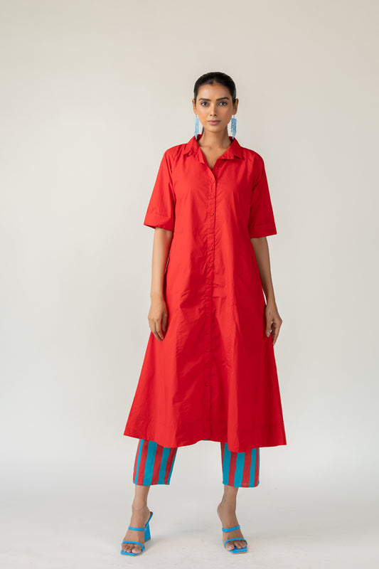 Scarlet Stride Shirt Dress with Striped Pants