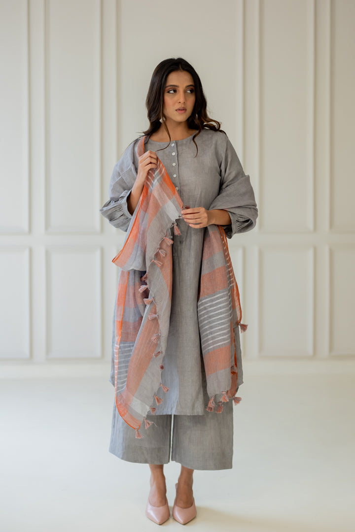Grey Iris Linen Kurta Set with Dupatta