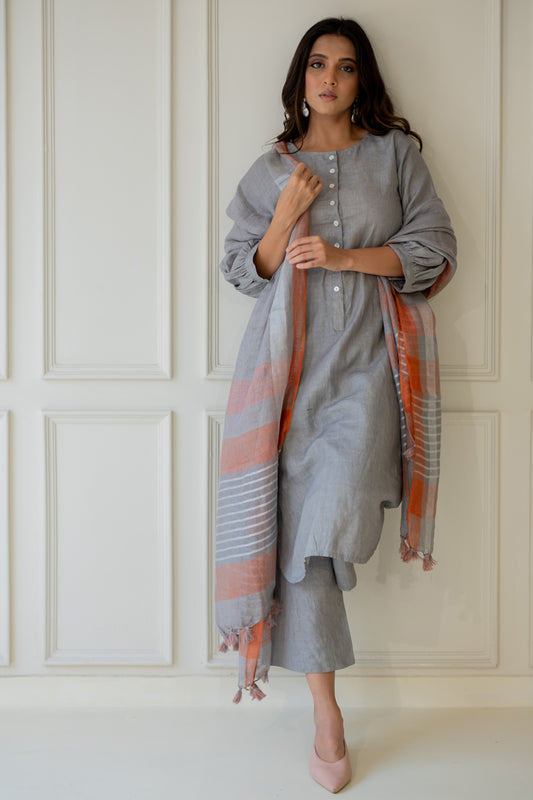 Grey Iris Linen Kurta Set with Dupatta