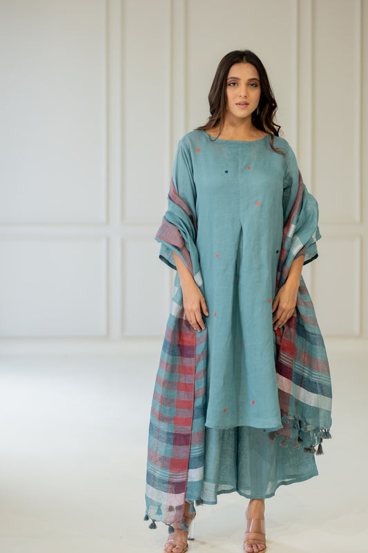 Coastal Lagoon Linen Kurta Set with Dupatta