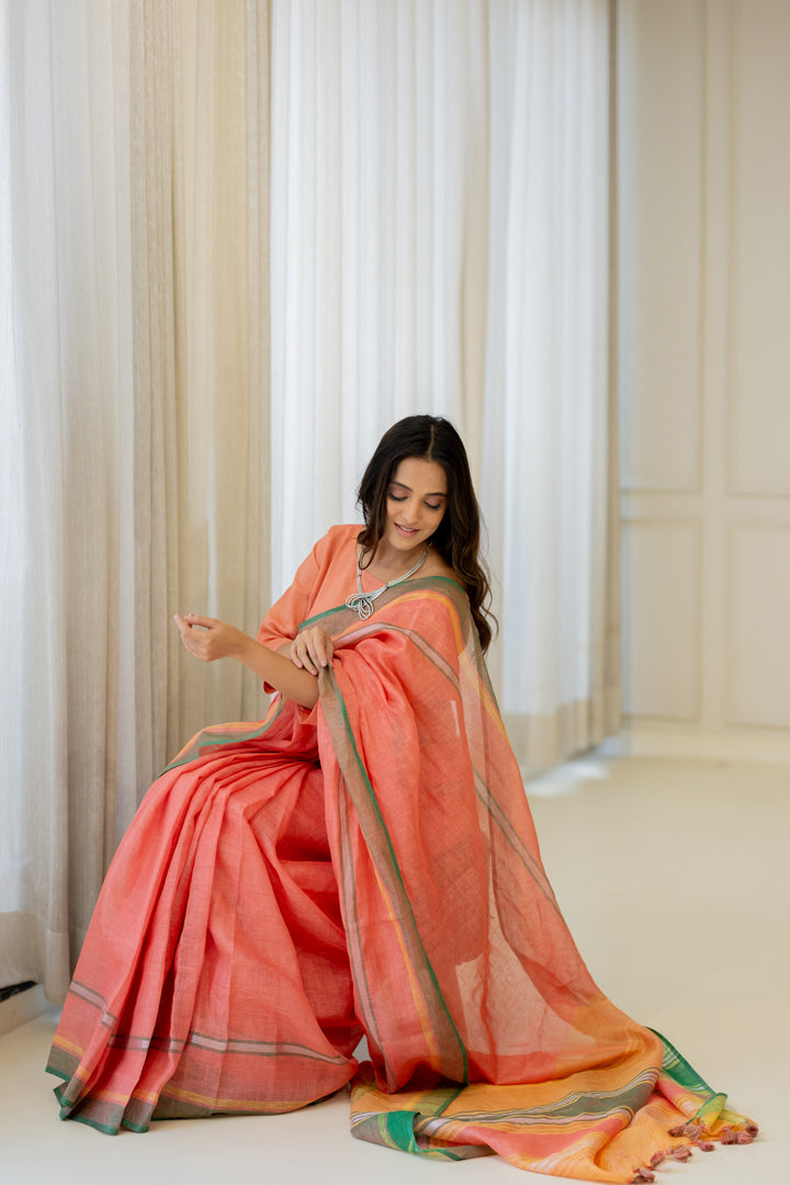 Tropical Apricot Linen Saree