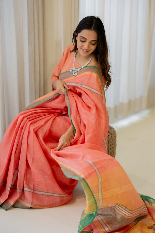 Tropical Apricot Linen Saree