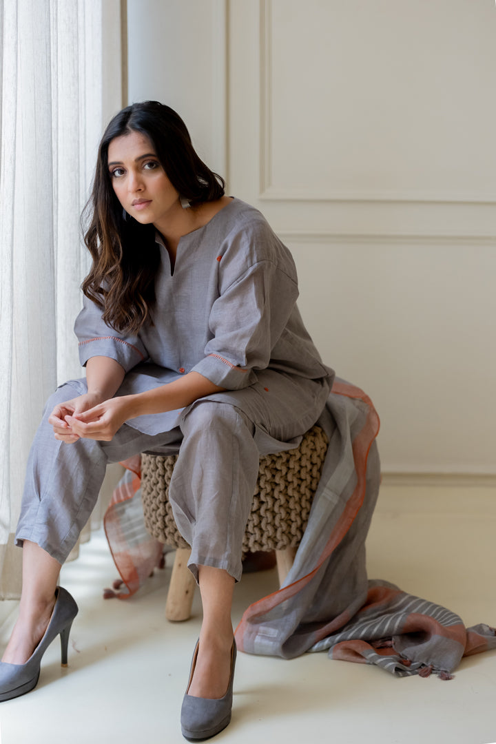 Ashes and Ambers Linen Kurta Set with Dupatta