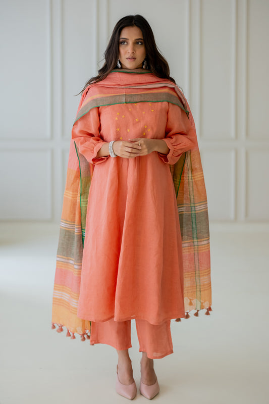Tropical Apricot Kurta Set with Dupatta