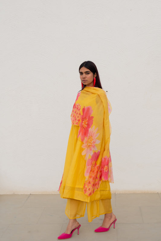 Yellow Fields Kurta Set with Floral Dupatta