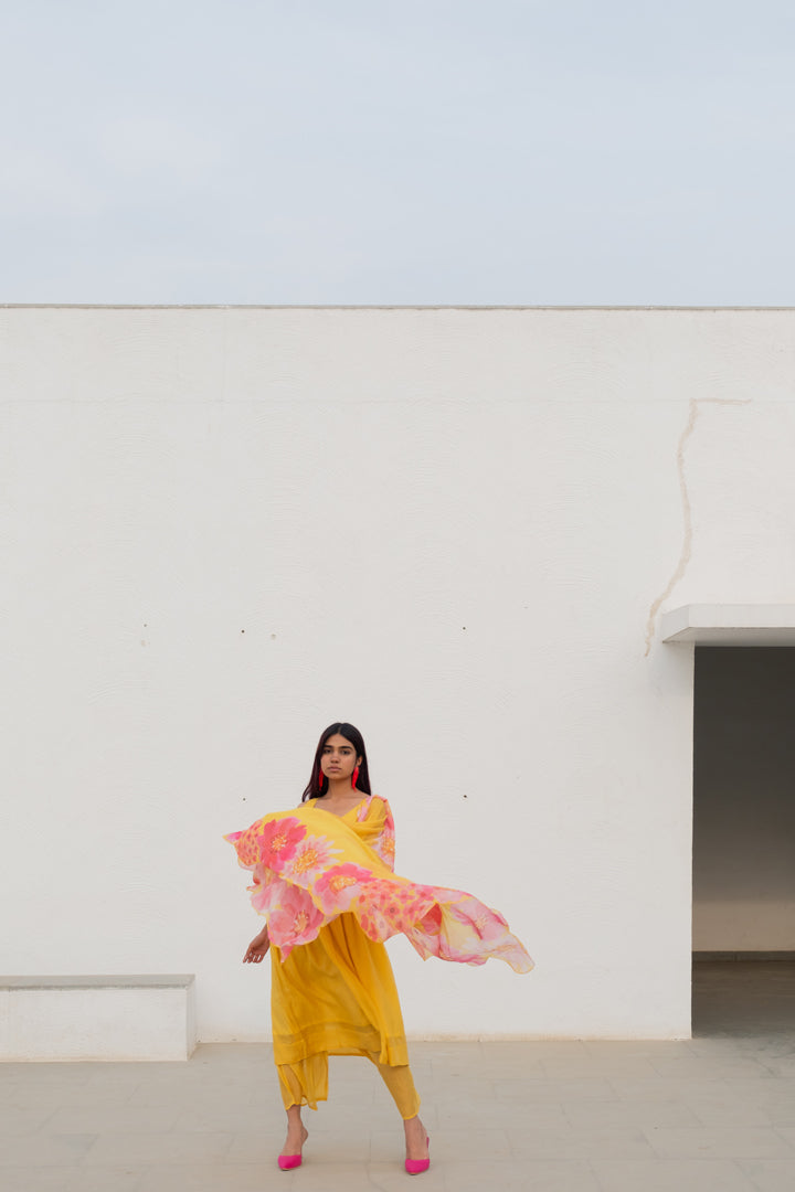 Yellow Fields Kurta Set with Floral Dupatta