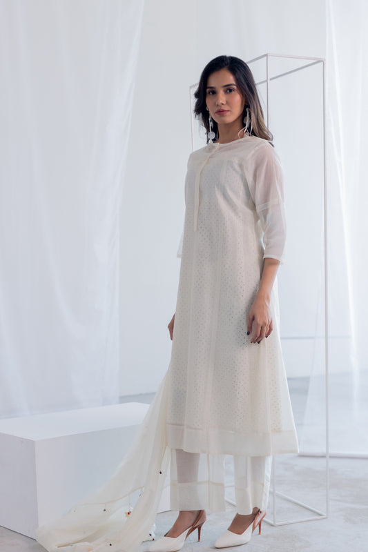 Ecru Chanderi Polka Kurta