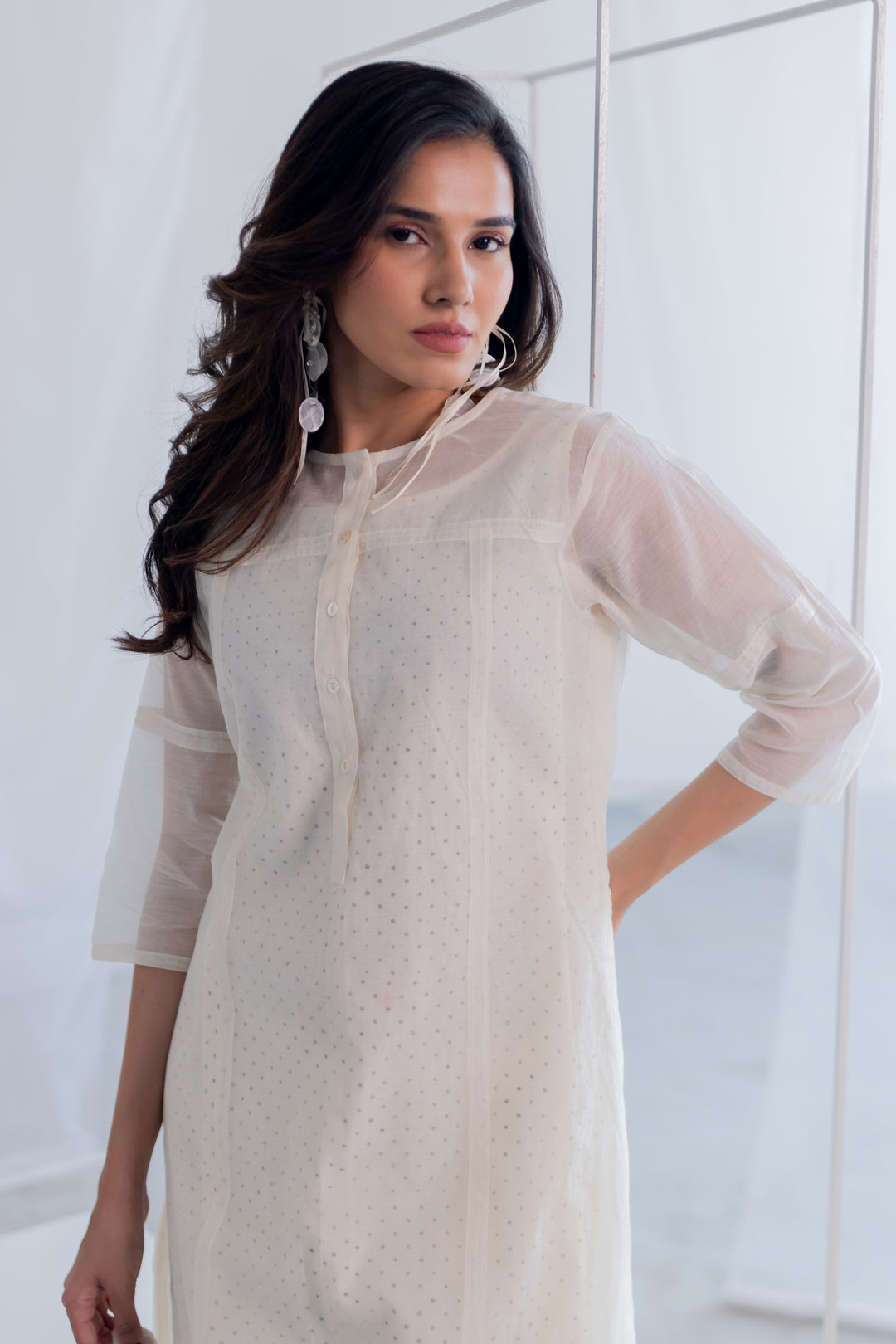 Ecru Chanderi Polka Kurta and Pants Set