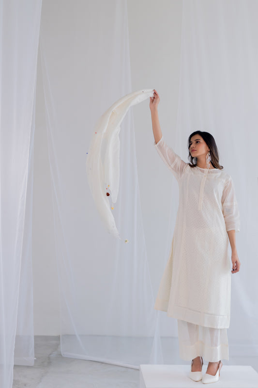 Ecru Chanderi Polka Kurta Set with Stole
