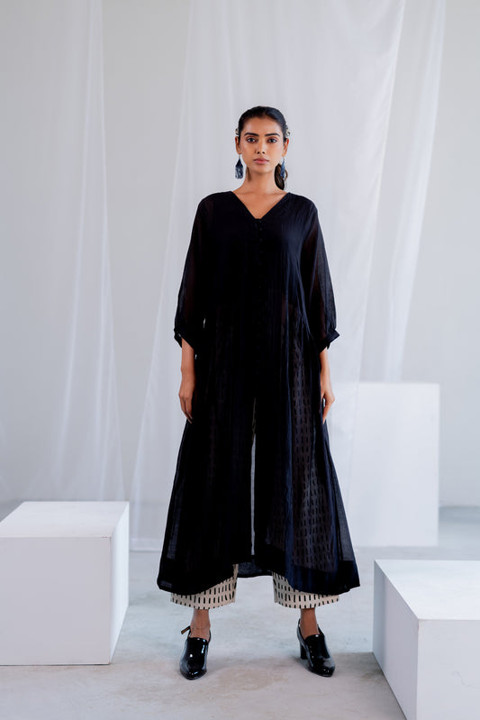 Sheer Midnight Chanderi Overlay and Ecru Pants Set