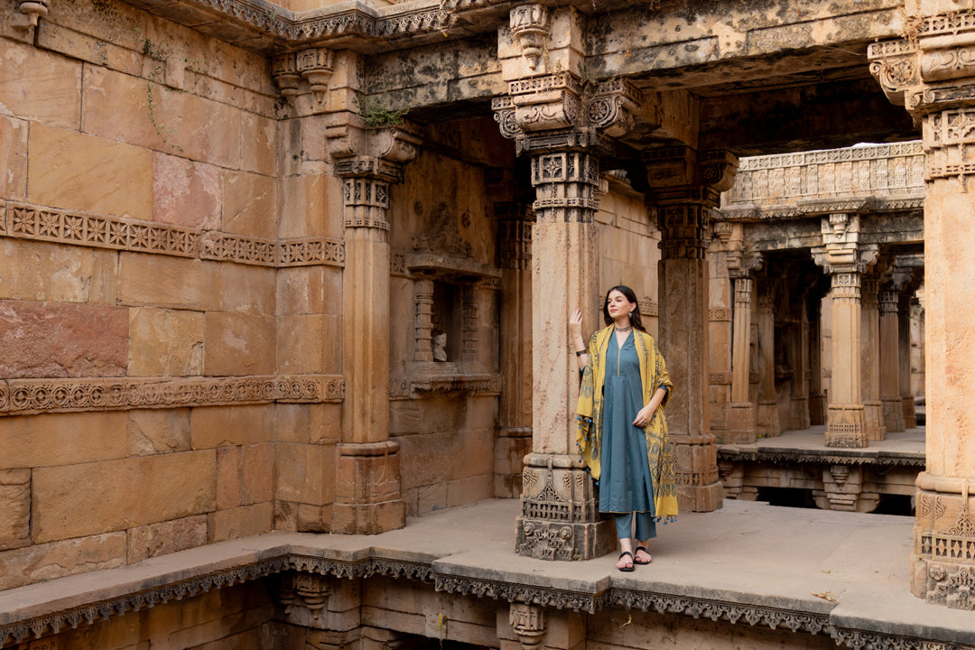 Teal Dune Kalidaar Set with Mustard Ajrakh Dupatta