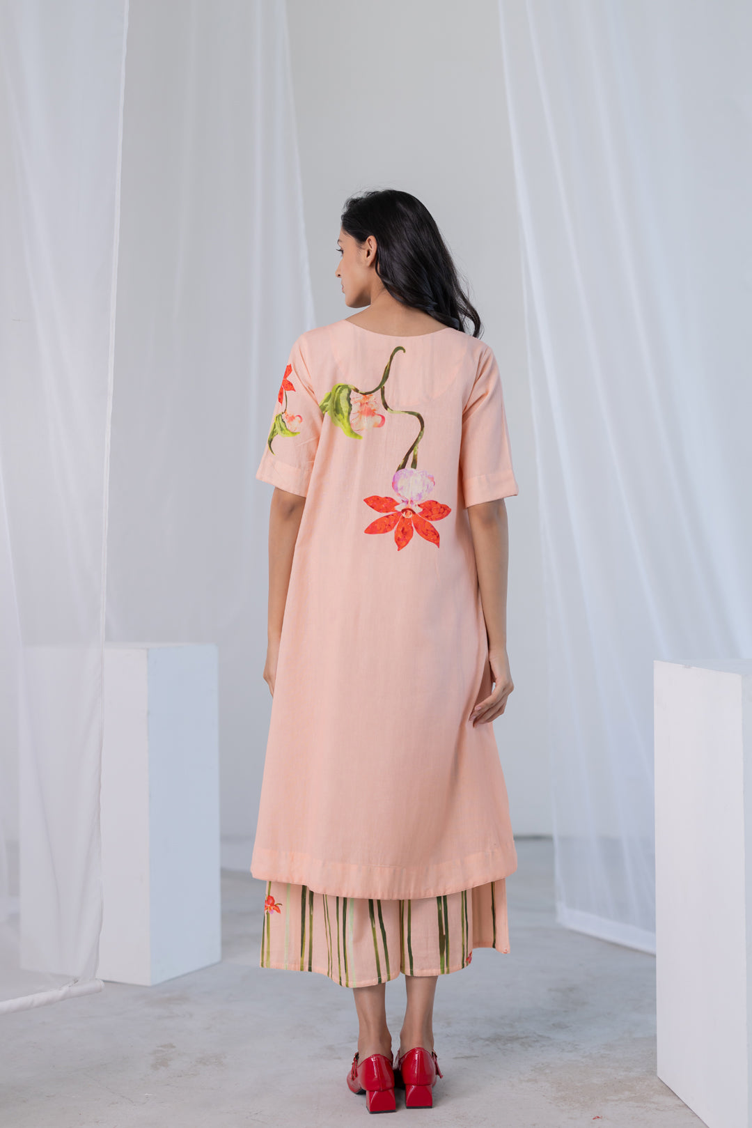 Blush Peach Orchids Kurta Set