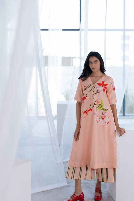 Blush Peach Orchids Kurta Set