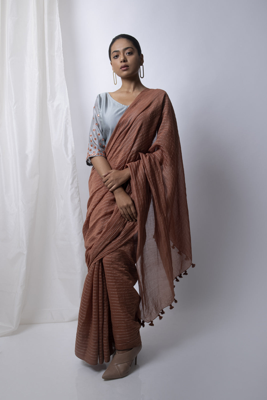 Walnut Saree with Embroidered Blouse