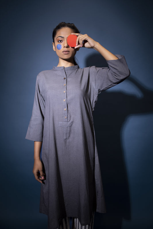 Charred Grey Kurta with Striped Pants- Set of 2