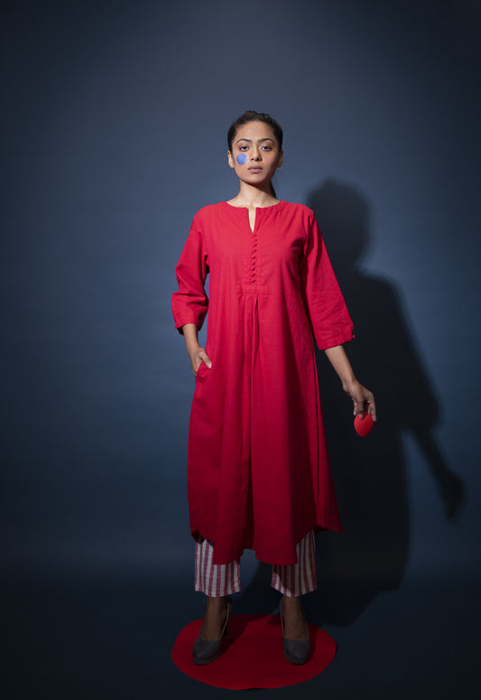 Red Kurta and Striped pants set