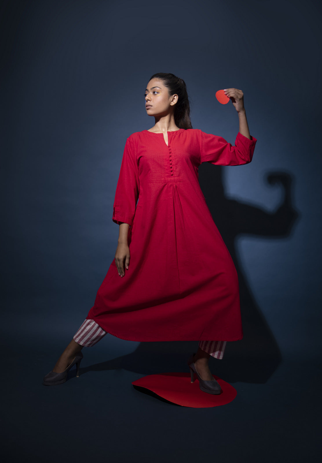 Red Kurta and Striped pants set