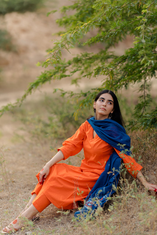 Orange Kurta Set with Blue Jaamdani Dupatta