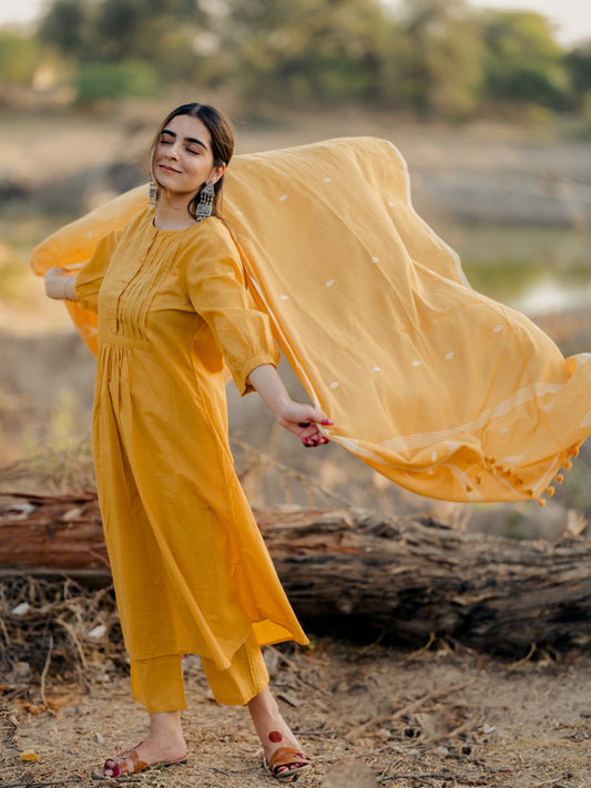 Mustard Kurta Set with jaamdani Dupatta