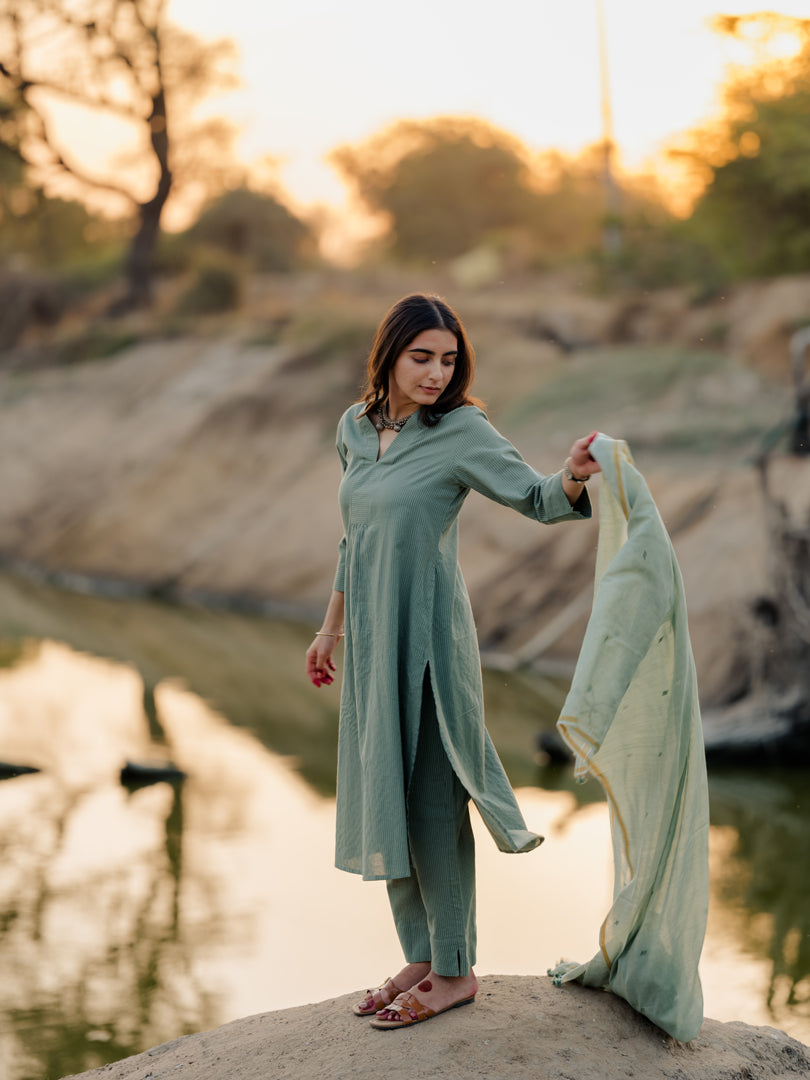 Sage green kurta set with jaamdani Dupatta