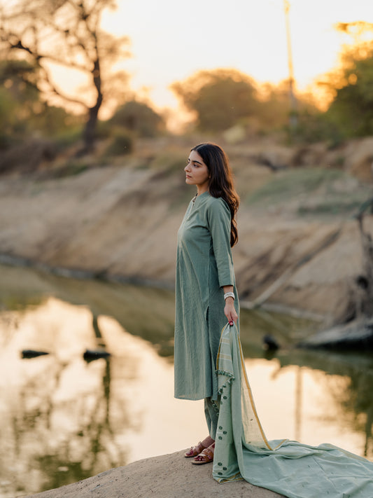 Sage green kurta set with jaamdani Dupatta