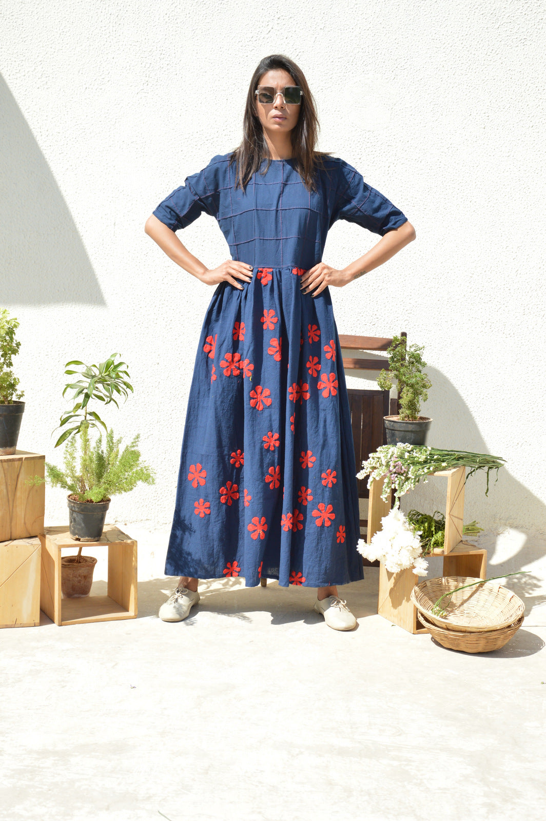 Indigo Applique Batwing Sleeve Dress