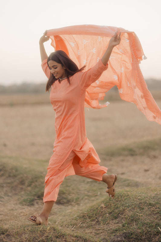 Melon kurta set with printed dupatta