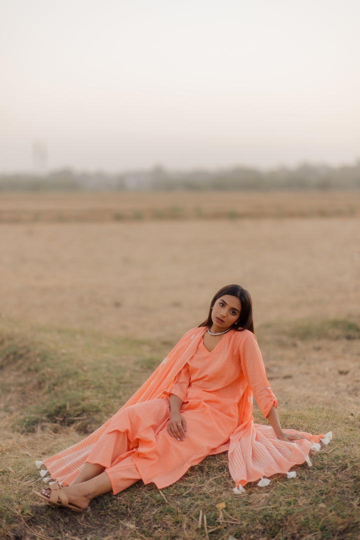 Melon kurta set with printed dupatta