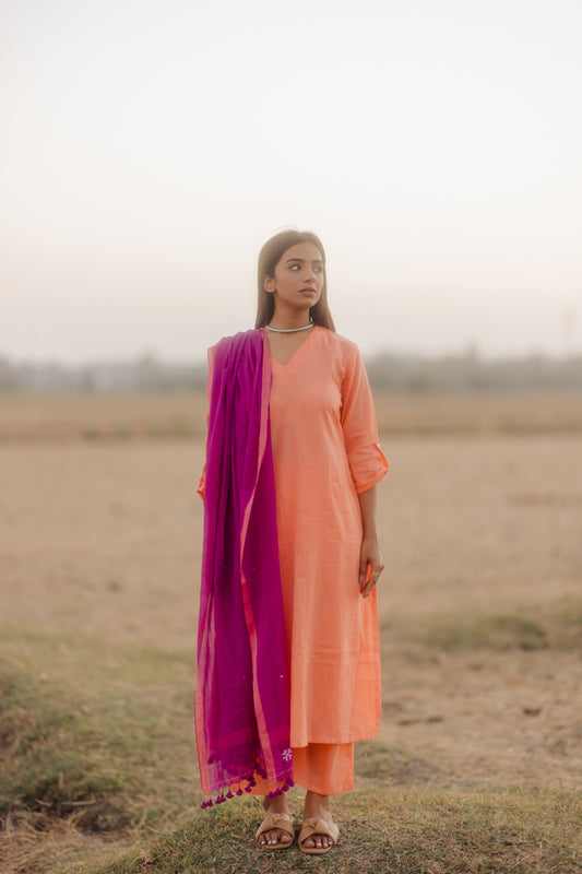 Melon Kurta set with Plum Jaamdani Dupatta