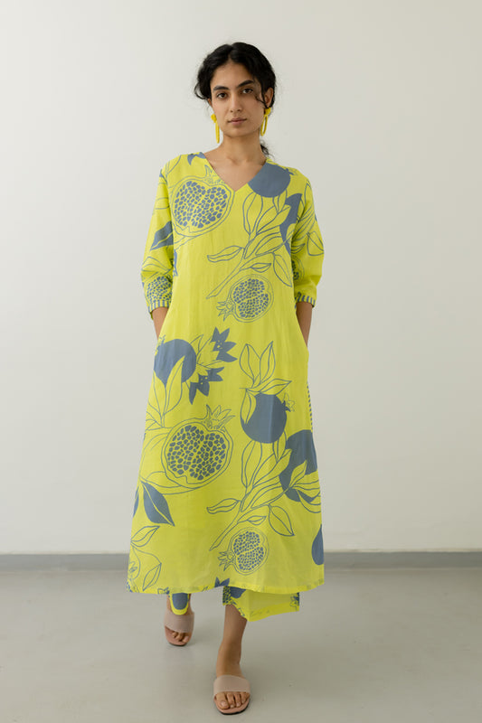 Yellow Grey Pomegranate Print Kurta and Pants set