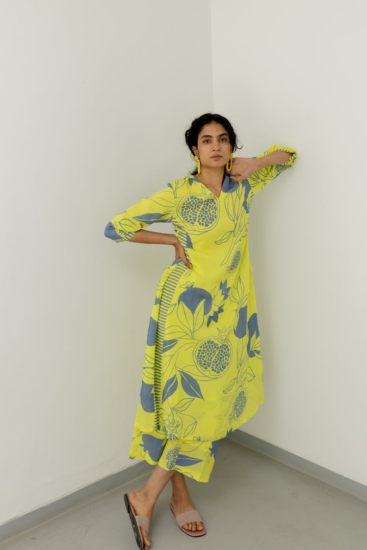 Yellow Grey Pomegranate Print Kurta and Pants set