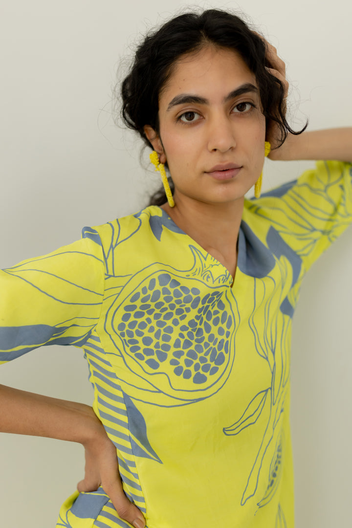 Yellow Grey Pomegranate Print Kurta