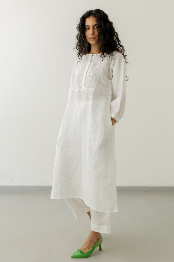 Pristine White linen kurta set