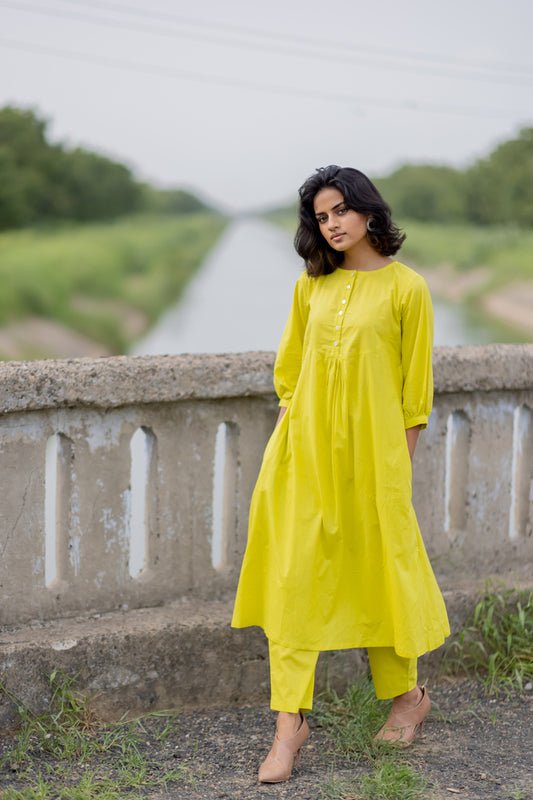 Lime yellow gathered Kurta set