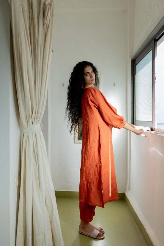 Ginger Orange Linen Kurta and Pants set