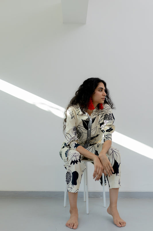 Cream pomegranate print tunic and pants Co-Ord