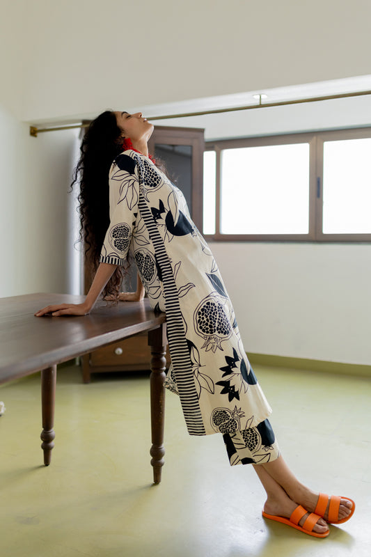 Cream pomegranate print Kurta and Pants set