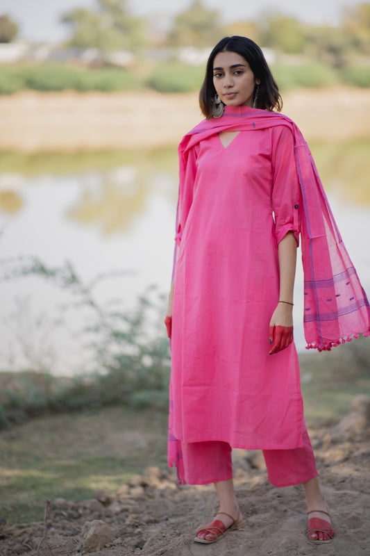 Pink Mulmul Kurta Set with Dupatta