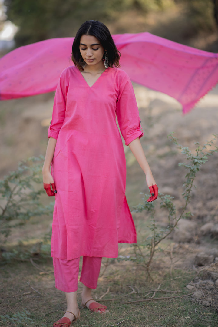 Pink Mulmul Kurta Set with Dupatta