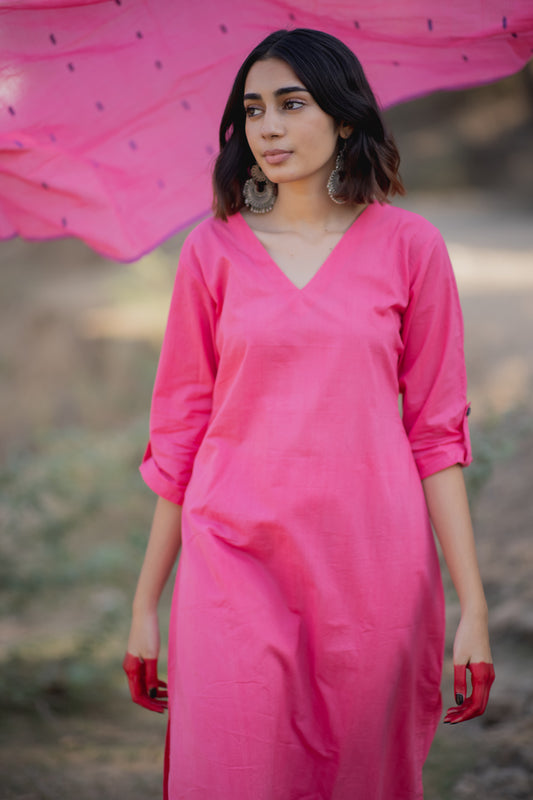 Pink Mulmul Kurta and Pants Set